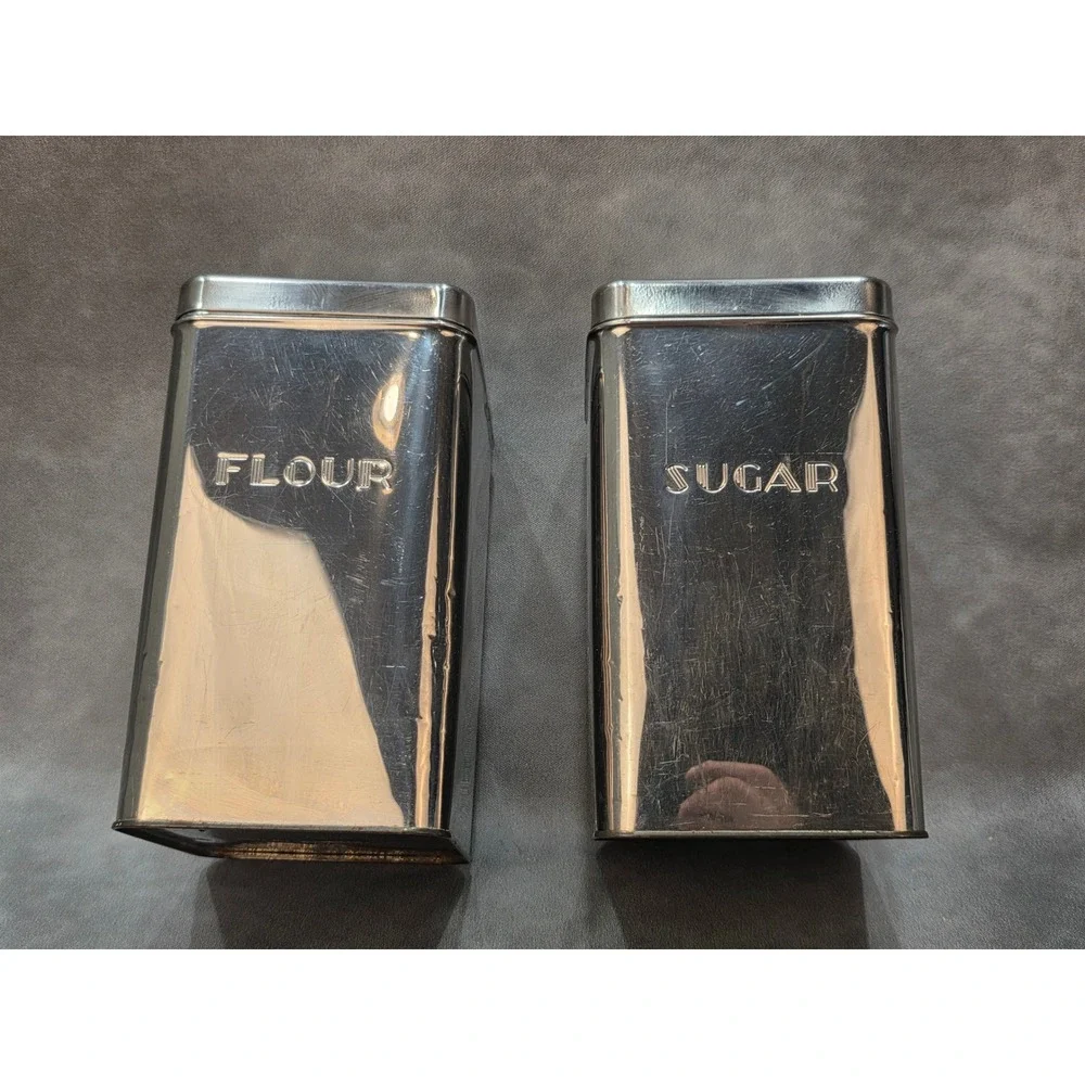 Vintage Kreamerware Metal Flour and Sugar Canister Set Silver Chrome Finish 9in
